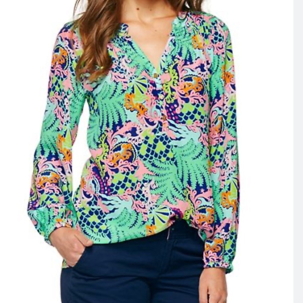 LILLY PULITZER The 💯 Silk Long Sleeve Logo Button Lizard Botanical Print SZ: S